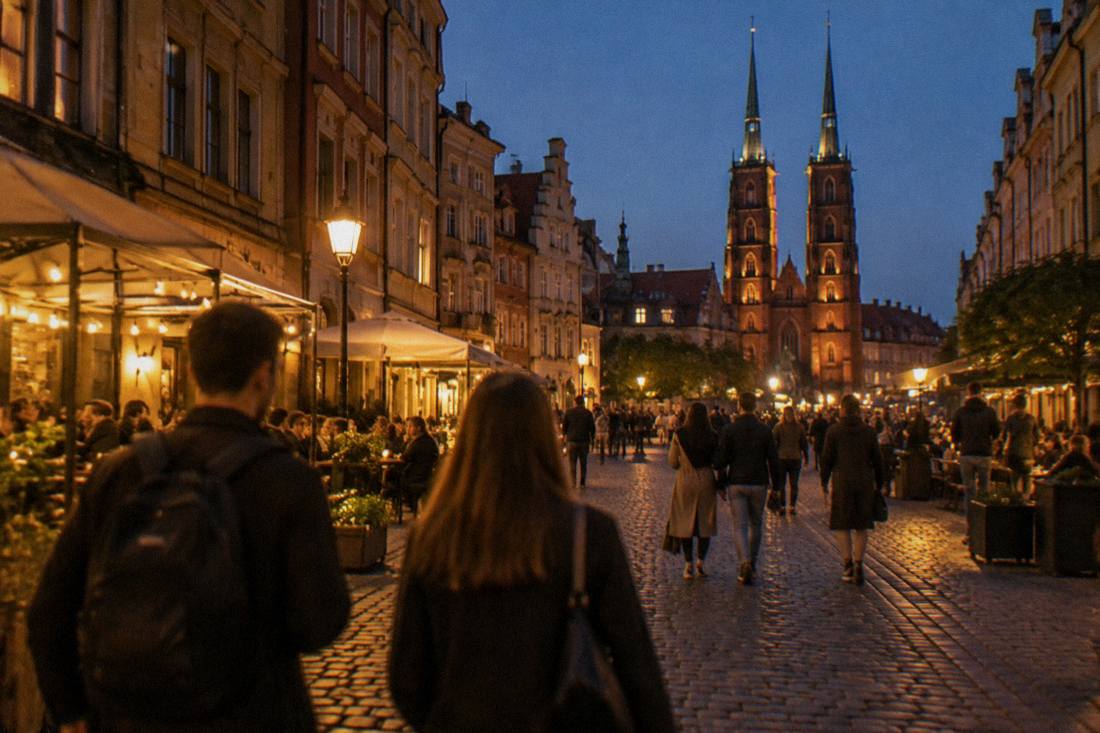 A lit pedestrian street in central Wroclaw at night with people walking between bars and restaurants
