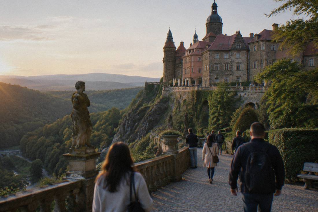 Visitors walking a garden terrace below the castle walls with views over the forested valley