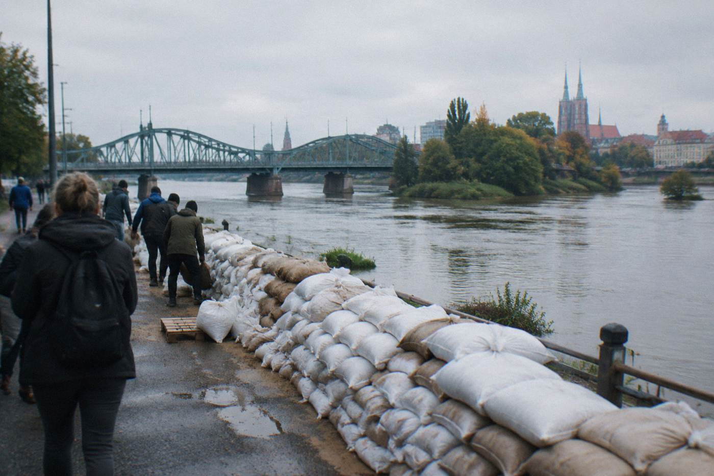 Rows of sandbags stacked along the Odra riverbank in Wroclaw