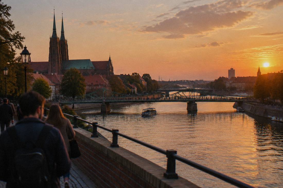 The Odra river and several bridges seen from Cathedral Island in Wroclaw at sunset
