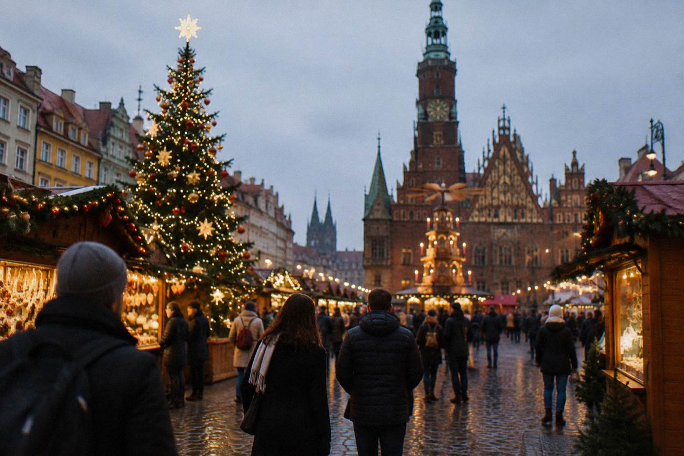 A festive Christmas market with a decorated tree and wooden stalls glowing at dusk in a European city square