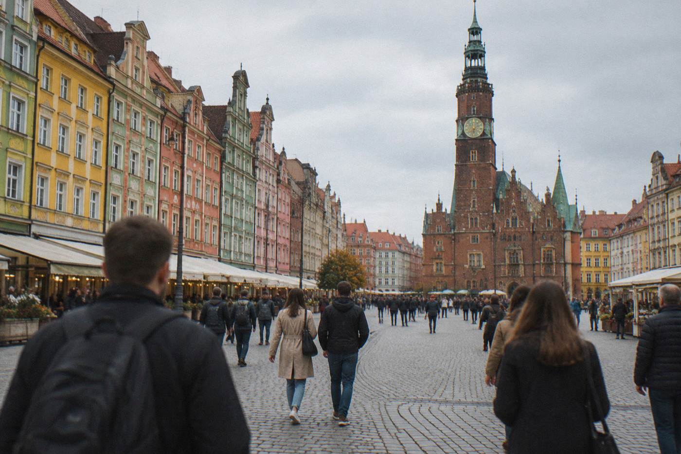 Visitors walking across a large European market square lined with colorful townhouses