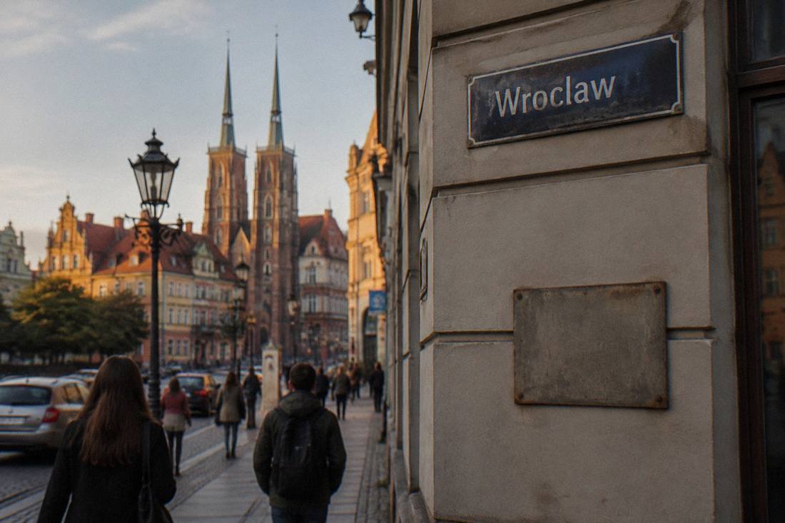 A street sign reading Wroclaw on a building wall in the city center