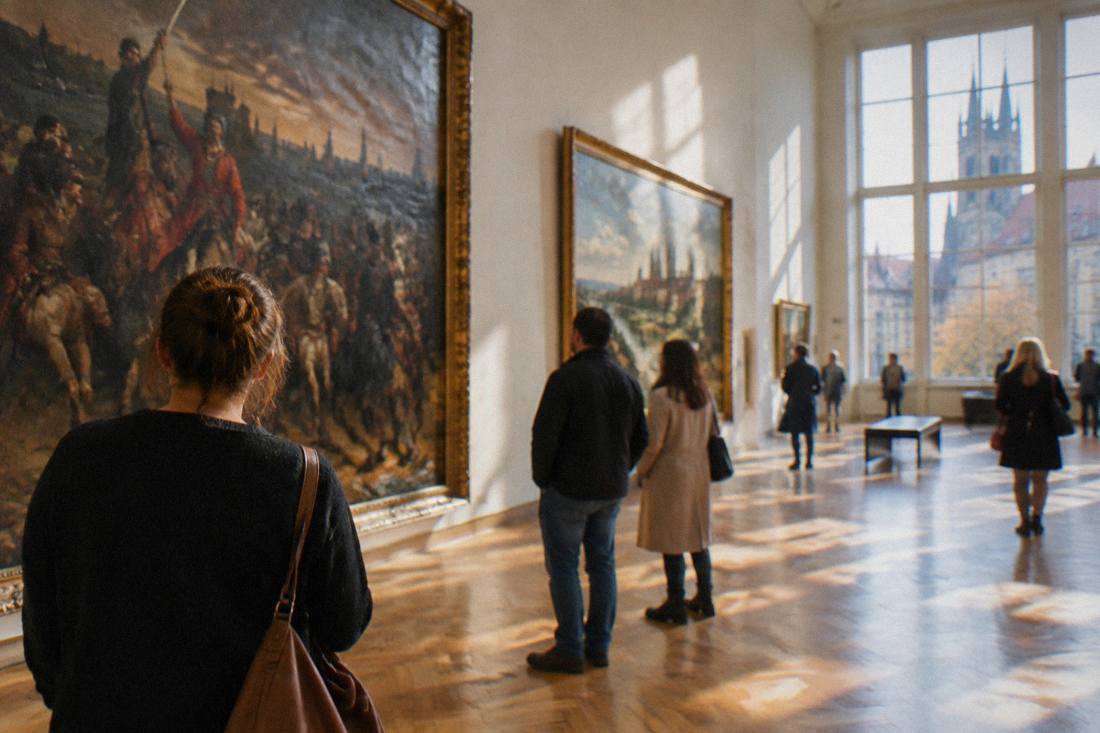 Visitors viewing large oil paintings in a bright museum gallery hall