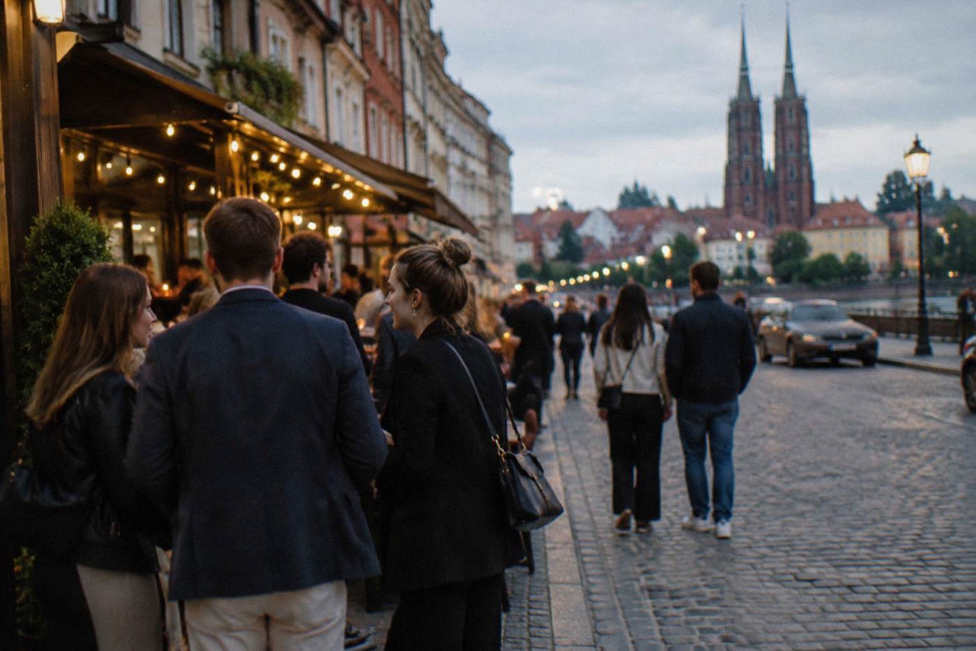 People in smart casual clothing chatting under evening lights outside bars on a city street