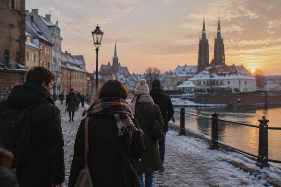 Friends in winter coats and scarves walking together on a snow-dusted evening street