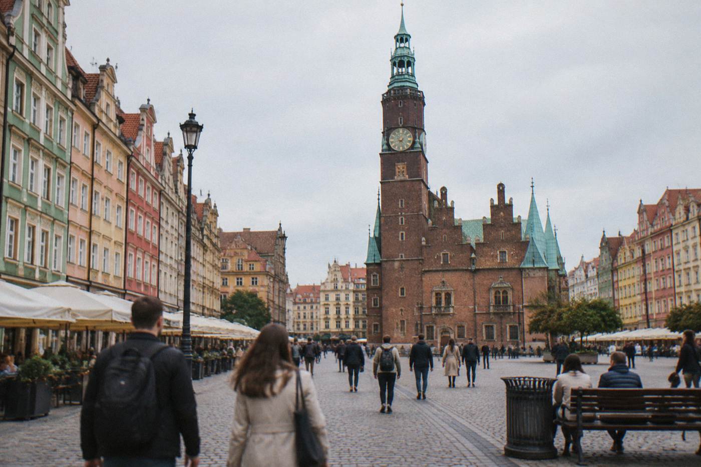 Wroclaw market square with the Old Town Hall and rows of colorful townhouses in daylight