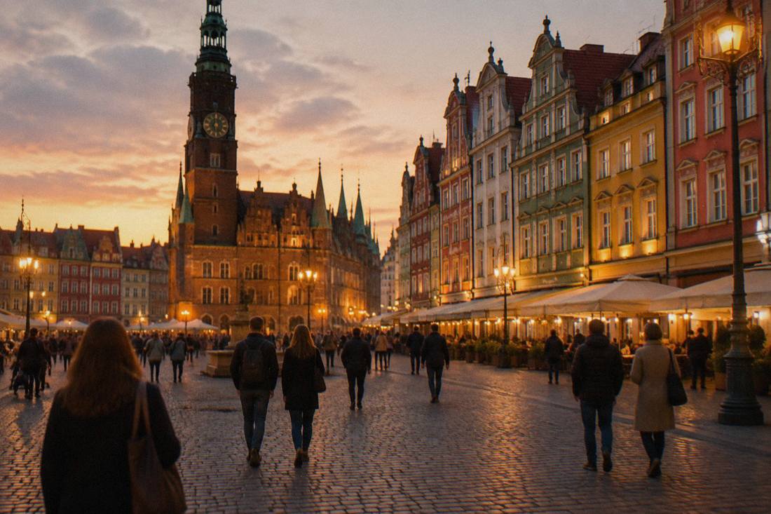 Evening view across Wroclaw's market square with lit townhouse facades and people walking