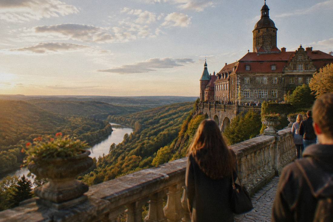 A grand castle terrace overlooking a wide river valley with wooded slopes