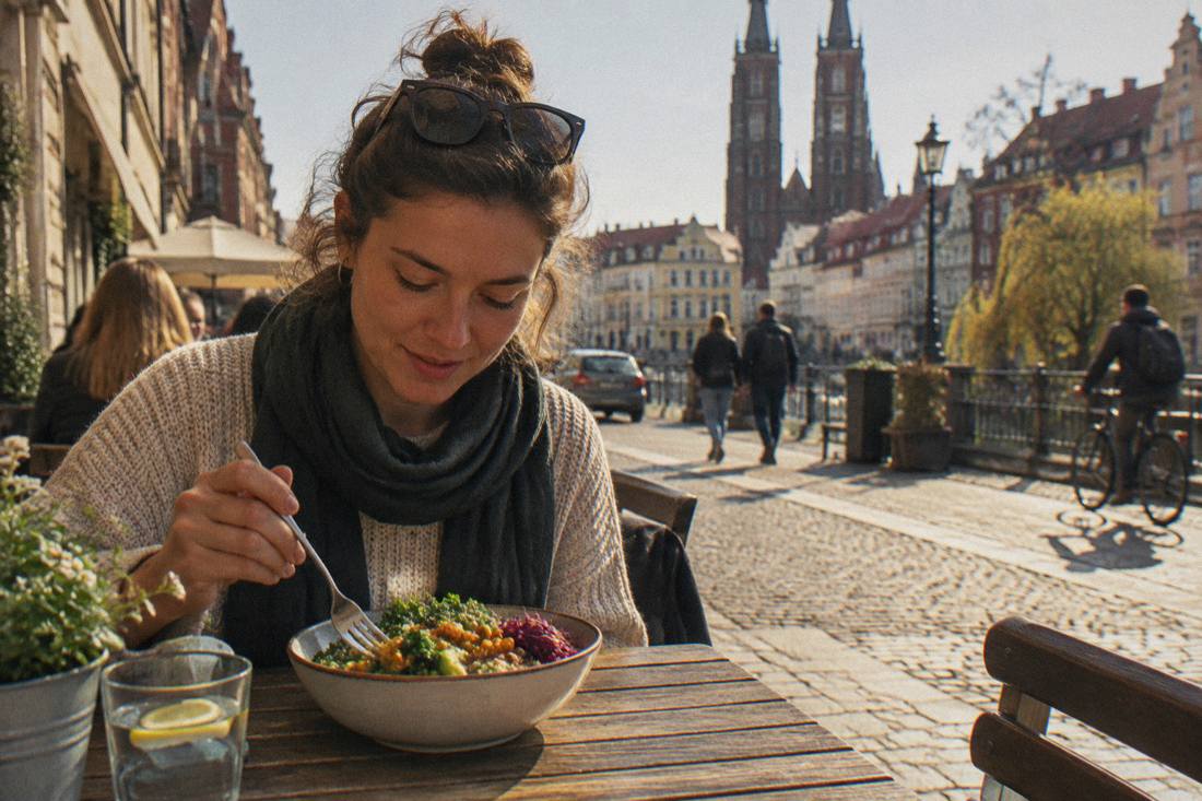 A diner eating a plant-based bowl at a sunlit cafe table on a European city street