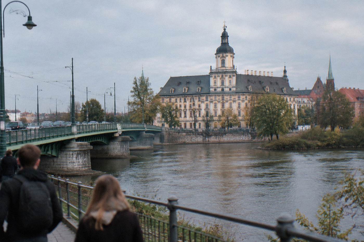 Baroque university building facade on the Odra riverbank in Wroclaw, Poland