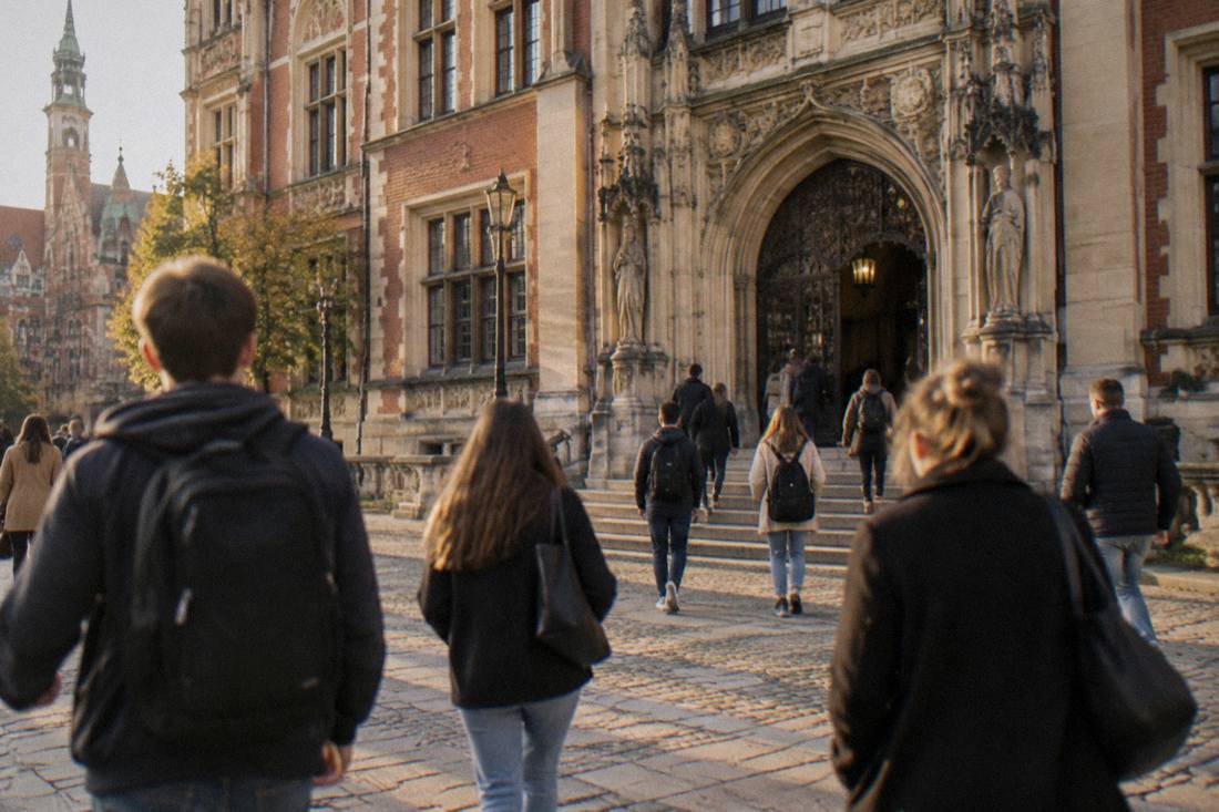 Students and visitors walking past the ornate entrance of the university building in central Wroclaw