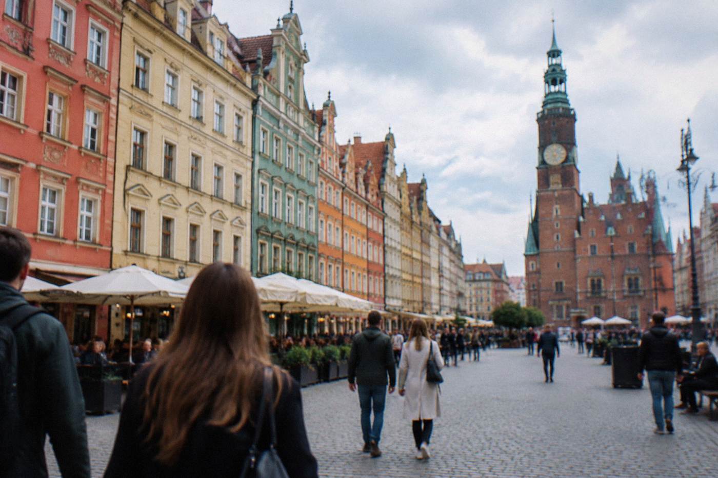 Colorful townhouses lining Wroclaw Market Square on a bright afternoon