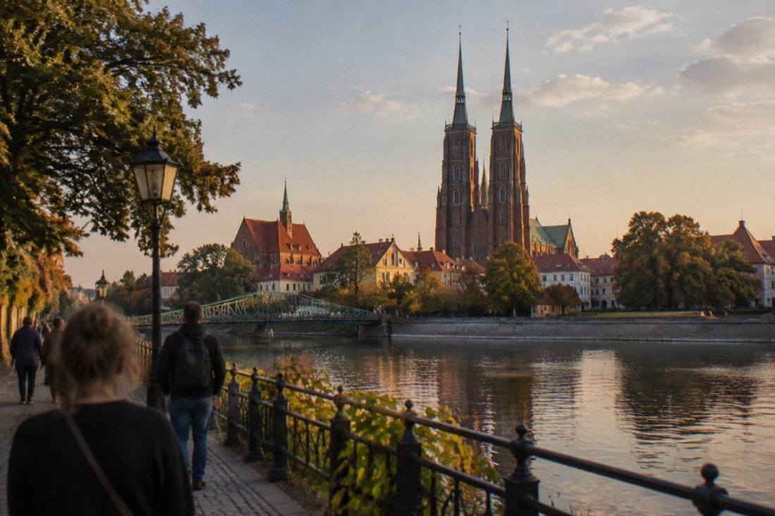 The twin spires of Wroclaw Cathedral seen across the Odra river from Cathedral Island