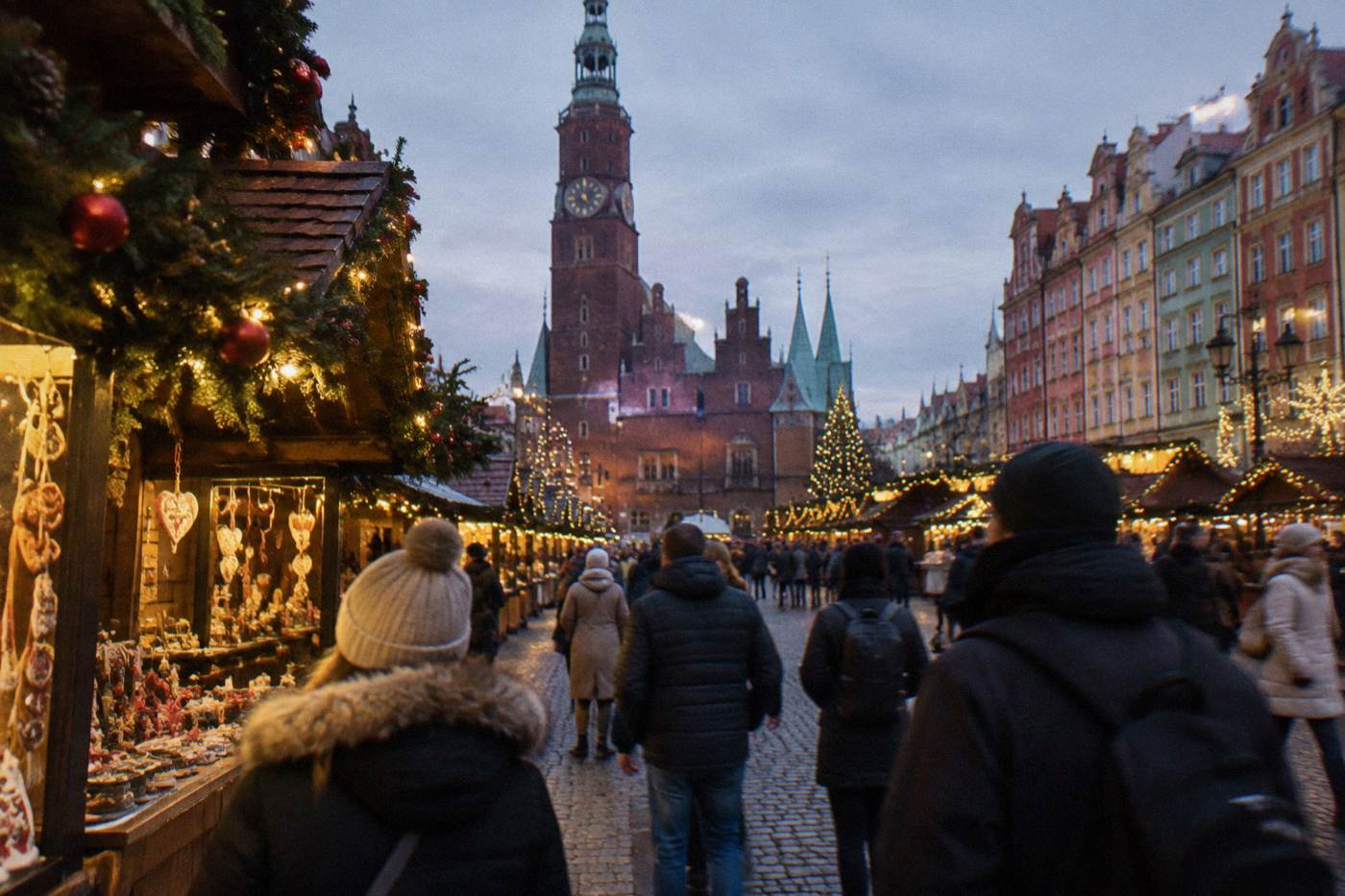 Festively decorated wooden market stalls lining a European old town square at dusk