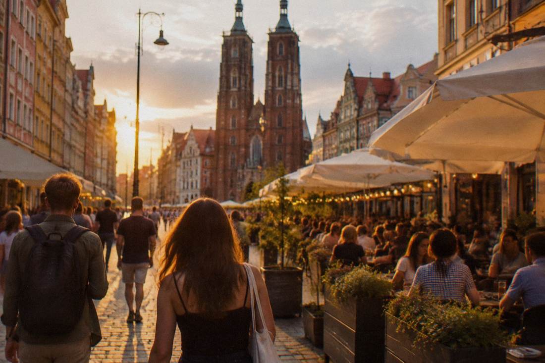 Warm evening light on a busy terrace street in Wroclaw's Old Town