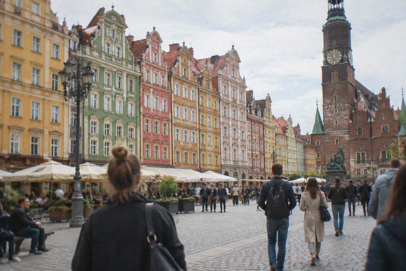 Colorful baroque townhouses lining Wroclaw Market Square on a bright afternoon