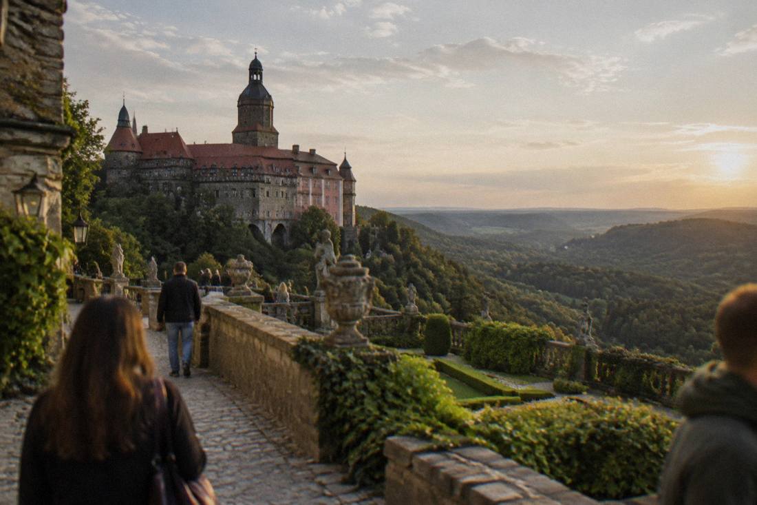 A stone terrace and gardens looking out over a wide valley of forest below the castle