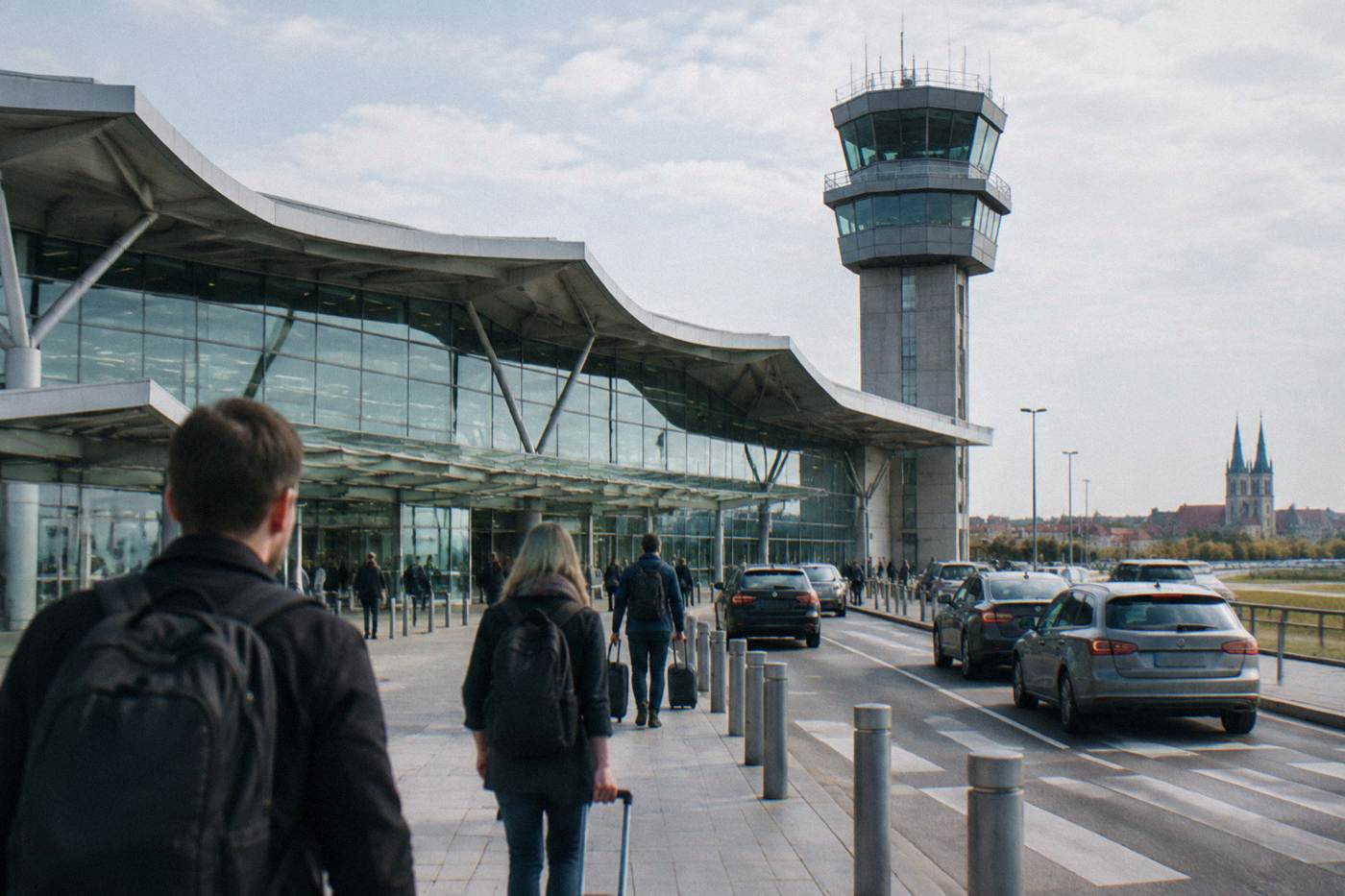 A modern airport terminal building with a control tower under a bright sky