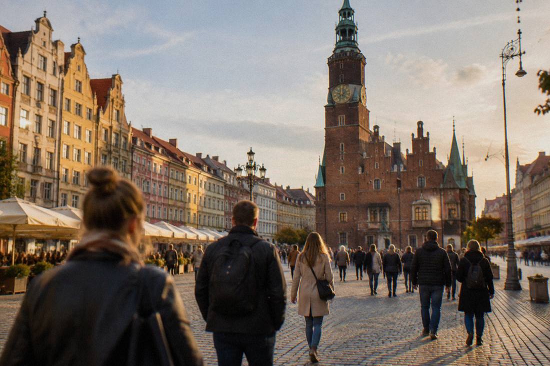 Visitors walking across Wroclaw's large open Market Square toward the Old Town Hall