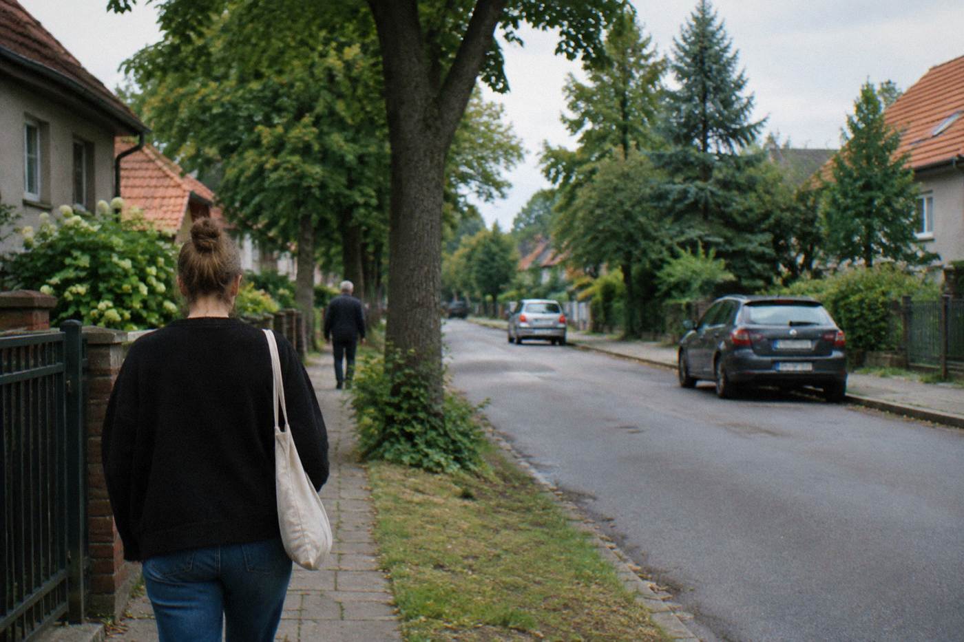 Tree-lined residential street with low garden-city houses and green front yards in a quiet district of Wroclaw