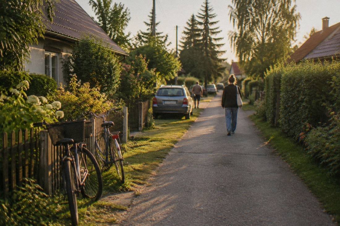 Green residential lane in Sepolno with hedges, gardens and parked bicycles