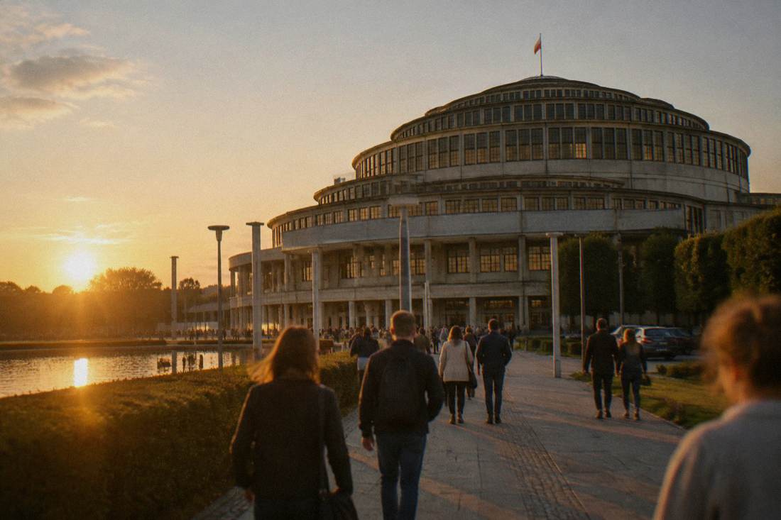 Visitors walking beside the large domed facade of Centennial Hall in Wroclaw