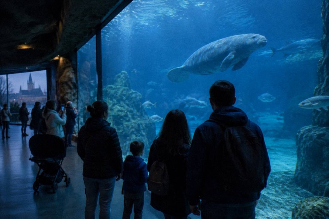 Zoo visitors watching marine animals through a large aquarium window at the Afrykarium in Wroclaw