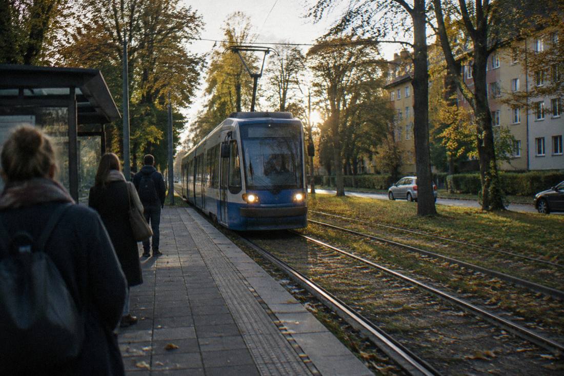 Evening tram arriving at a quiet tree-lined stop in a residential district of Wroclaw