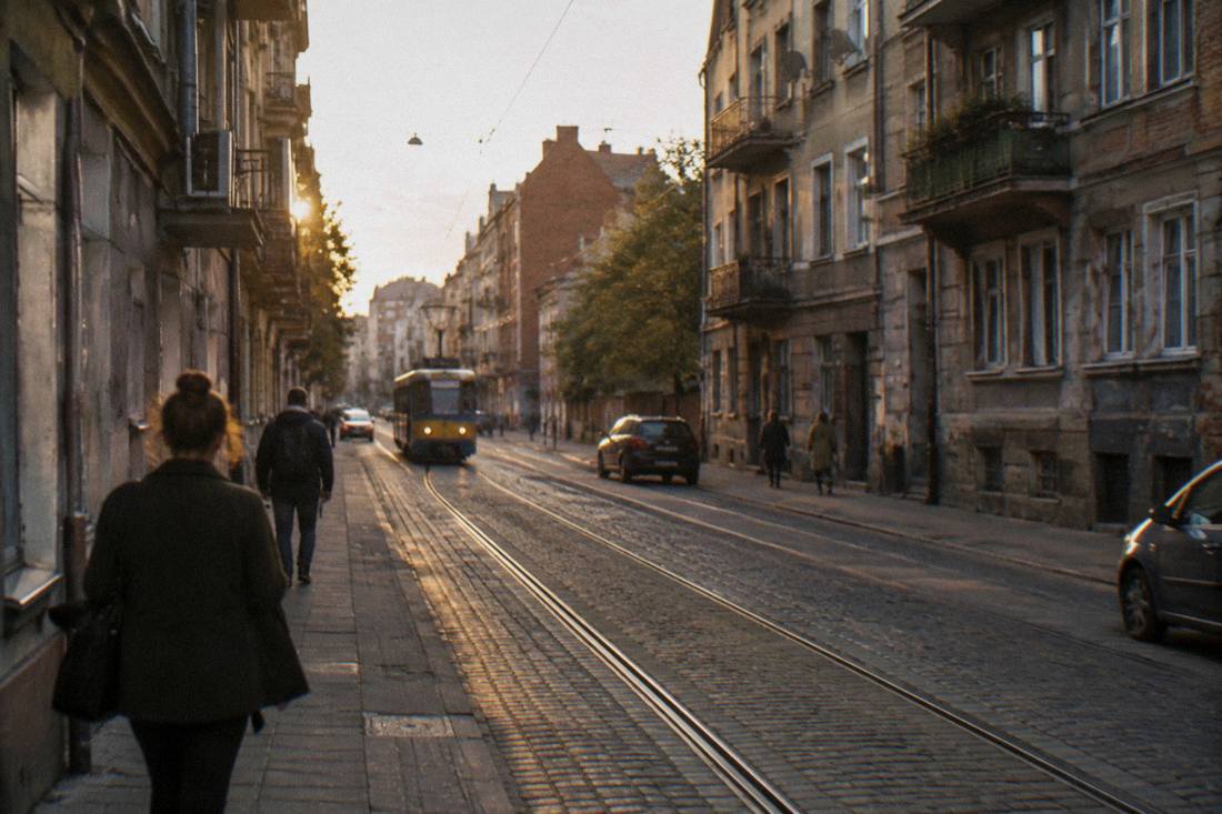 A quiet street of older apartment buildings with tram tracks running down the middle