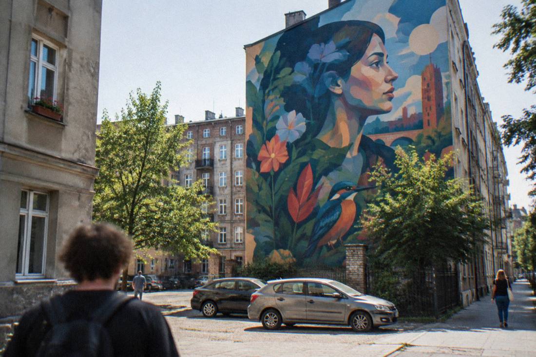 A large colorful mural covering the side wall of an apartment building in a city courtyard