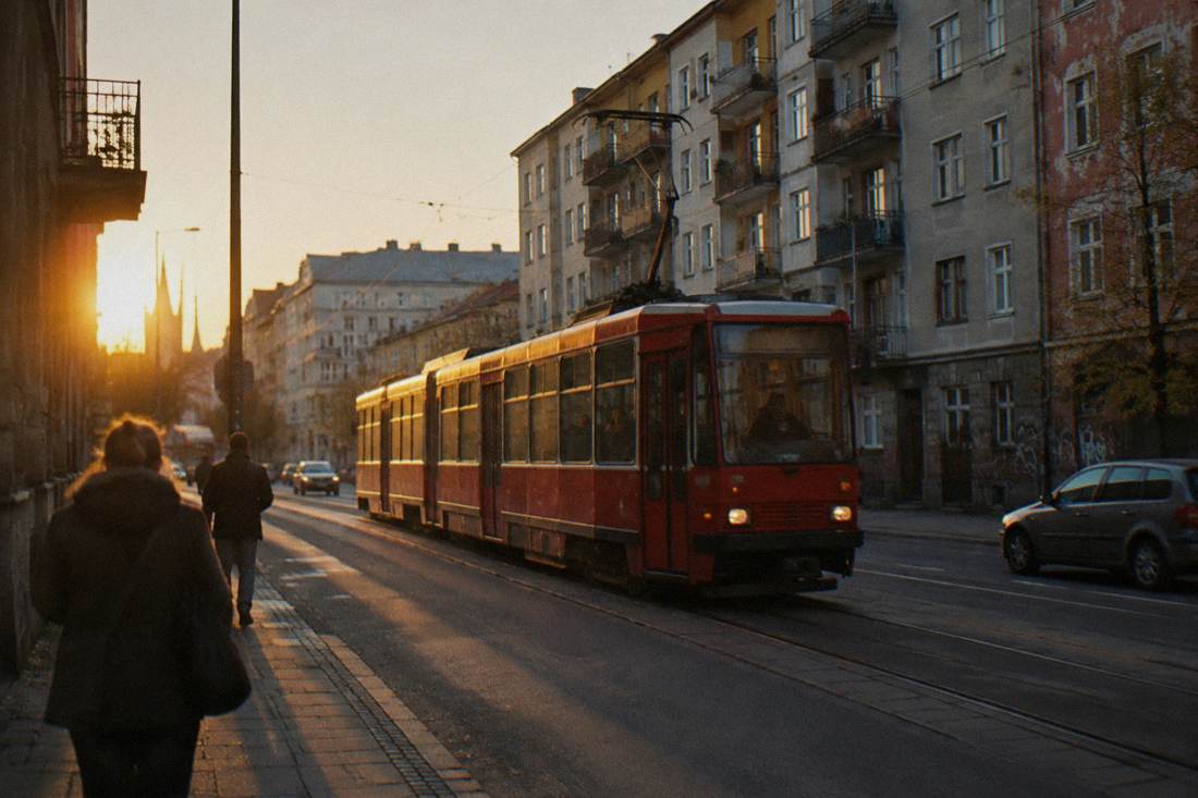 A red city tram passing apartment blocks on a street in a central European city