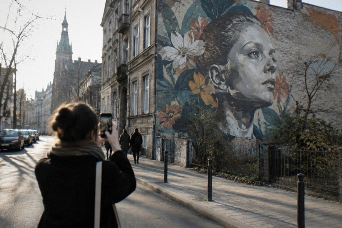 A visitor photographing a large mural on a building wall in a city street