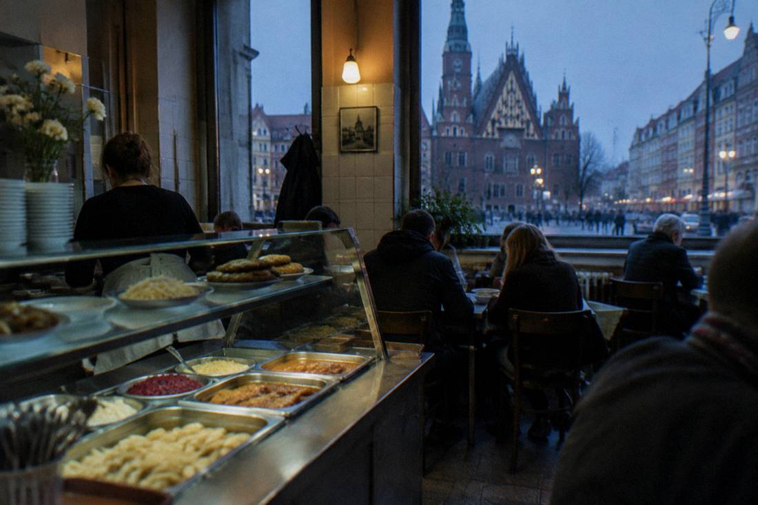 A milk bar counter with traditional Polish dishes and diners in Wroclaw