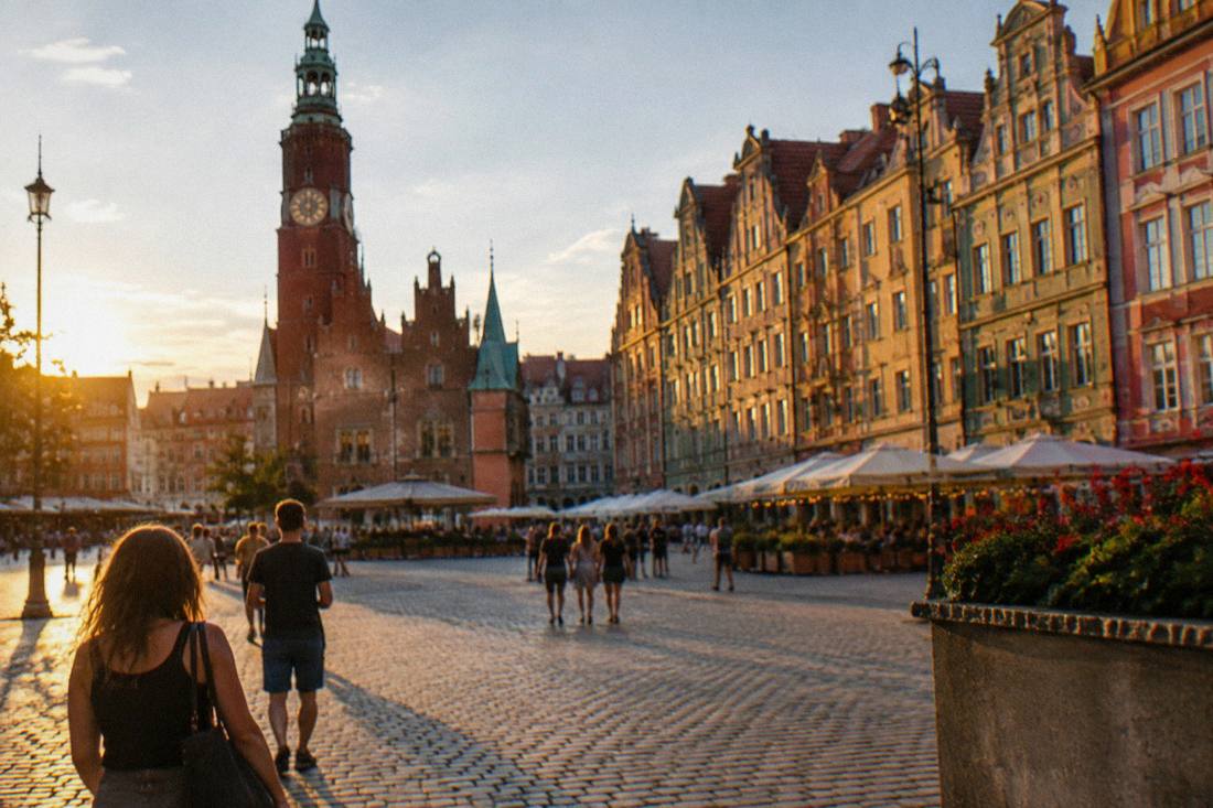 The illuminated facades of the Market Square in Wroclaw during a summer evening