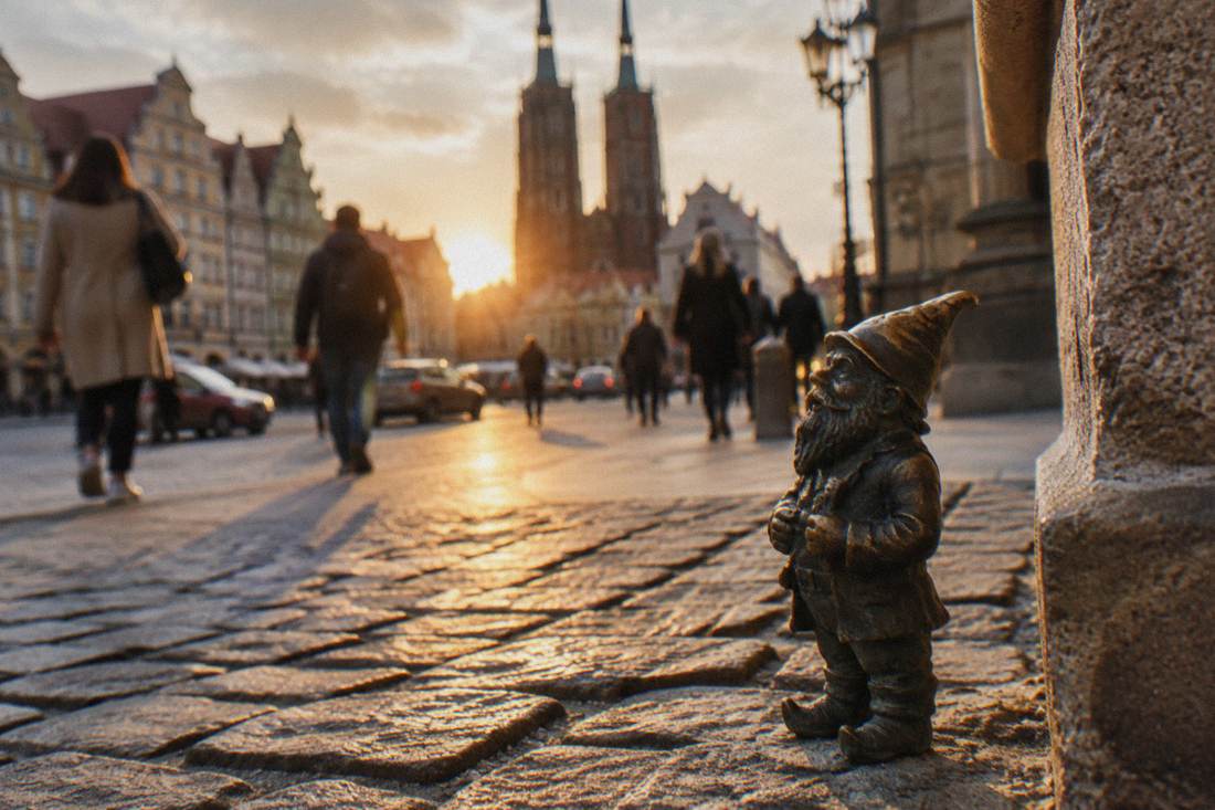 A small bronze dwarf figurine standing on a cobblestone street corner in central Wroclaw