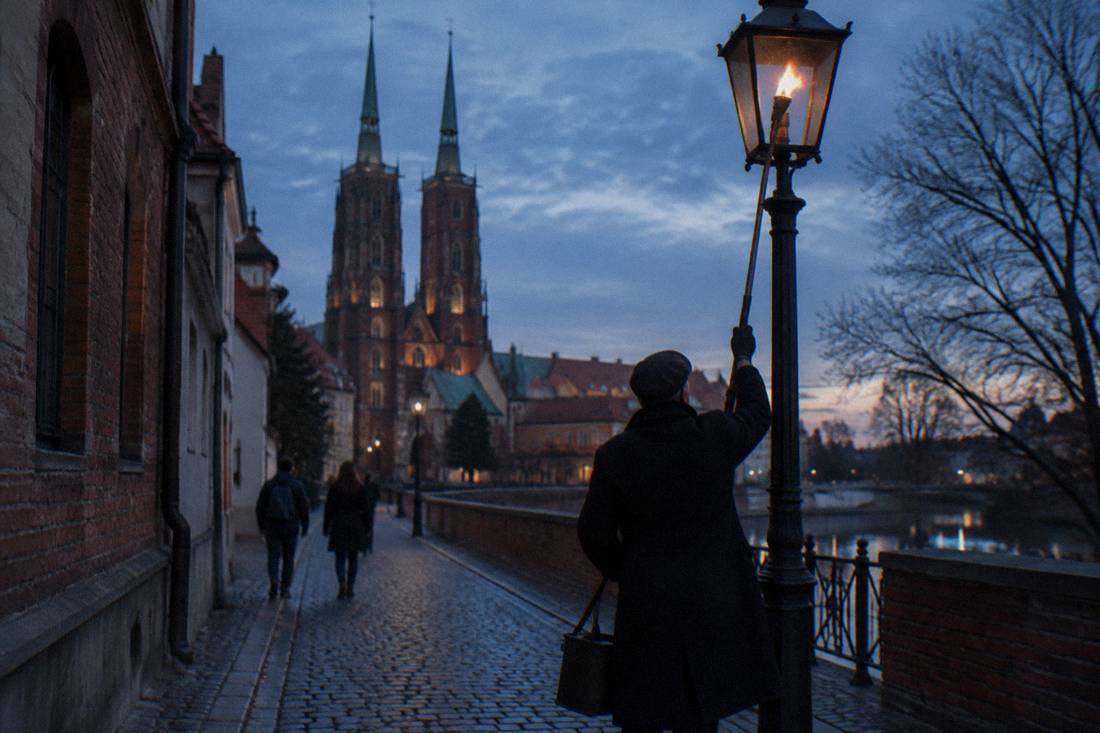 A lamplighter in a black coat lighting a gas street lamp on a cobbled lane of Ostrów Tumski