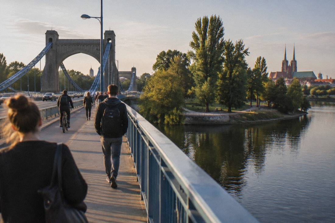 Footbridge crossing a calm branch of the Odra river toward a green island in Wroclaw