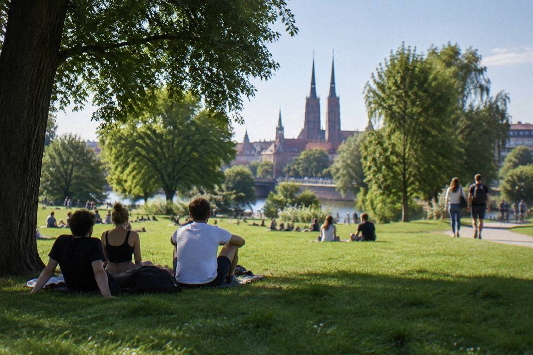 Wide green lawn of a large park with mature trees in eastern Wroclaw