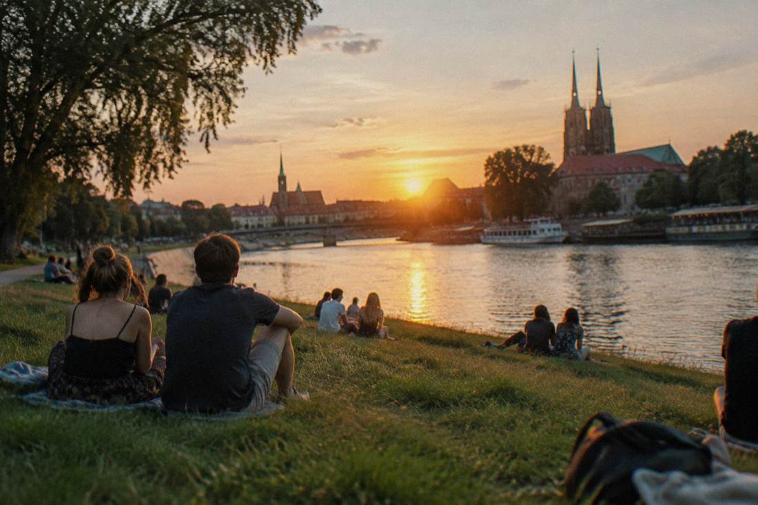 People relaxing on the grassy banks of Slodowa Island in Wroclaw on a summer evening