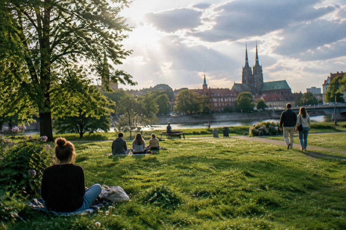 Sun breaking through clouds over a green park meadow in Wroclaw in late spring