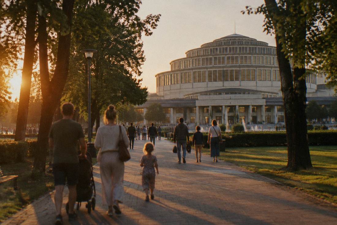 Families walking on a tree-lined path near a large modernist concrete building