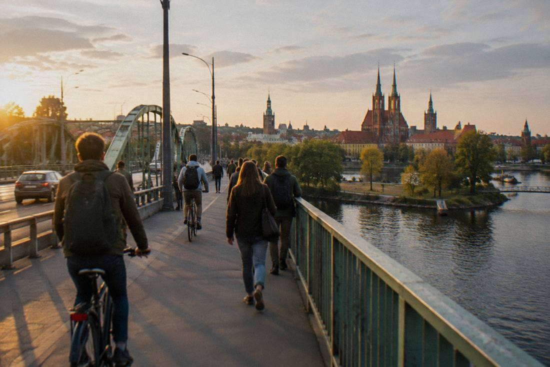 Pedestrians and cyclists crossing a river bridge with old church towers on the far bank