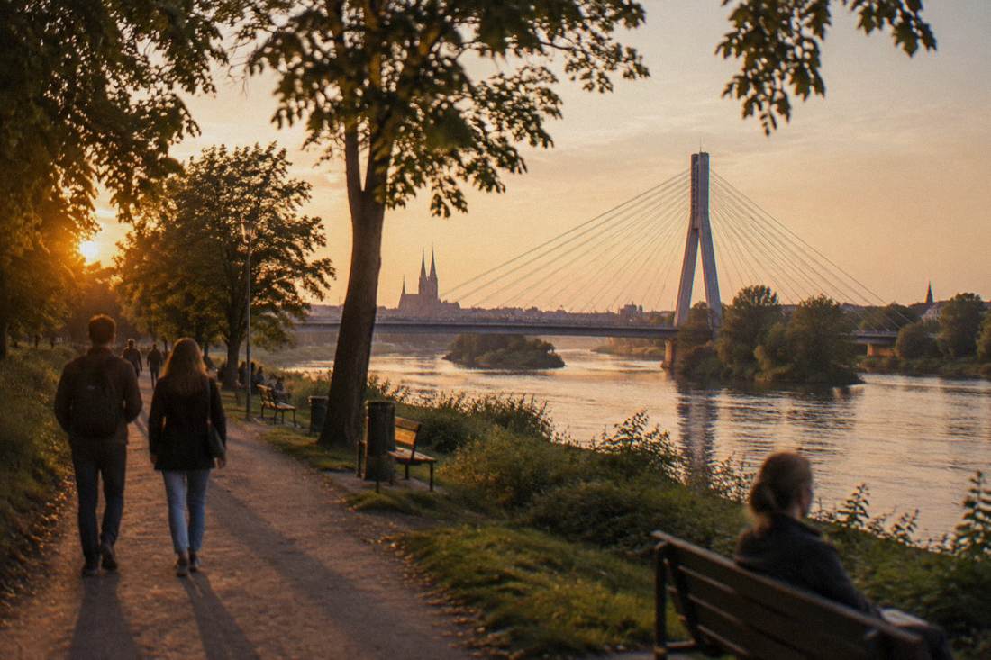A riverside path on an island with trees, benches and a distant bridge tower