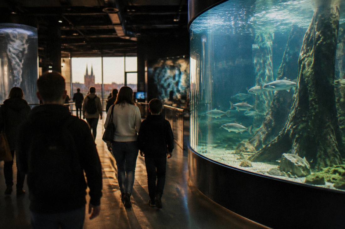 Visitors walking beside a large illuminated water tank display in a dim exhibition hall
