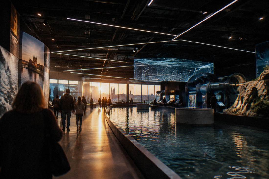 A wide view of an exhibition hall where light strips cross a dark ceiling above a water channel