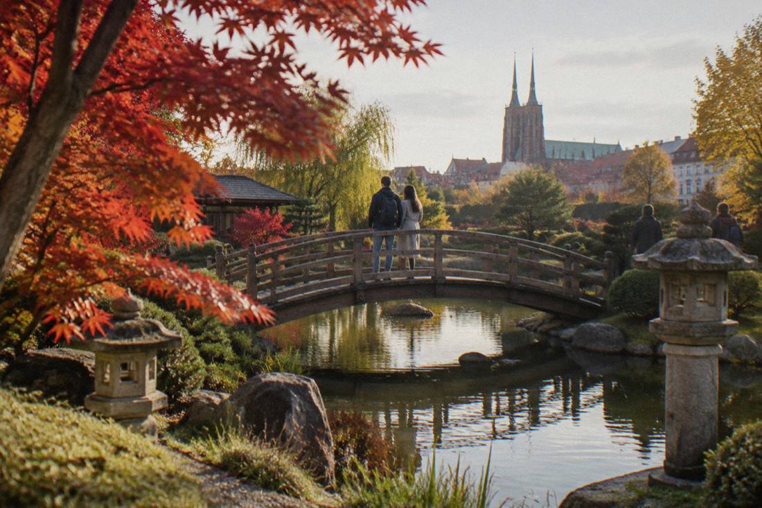 A curved wooden bridge over a garden pond with maples and stone lanterns