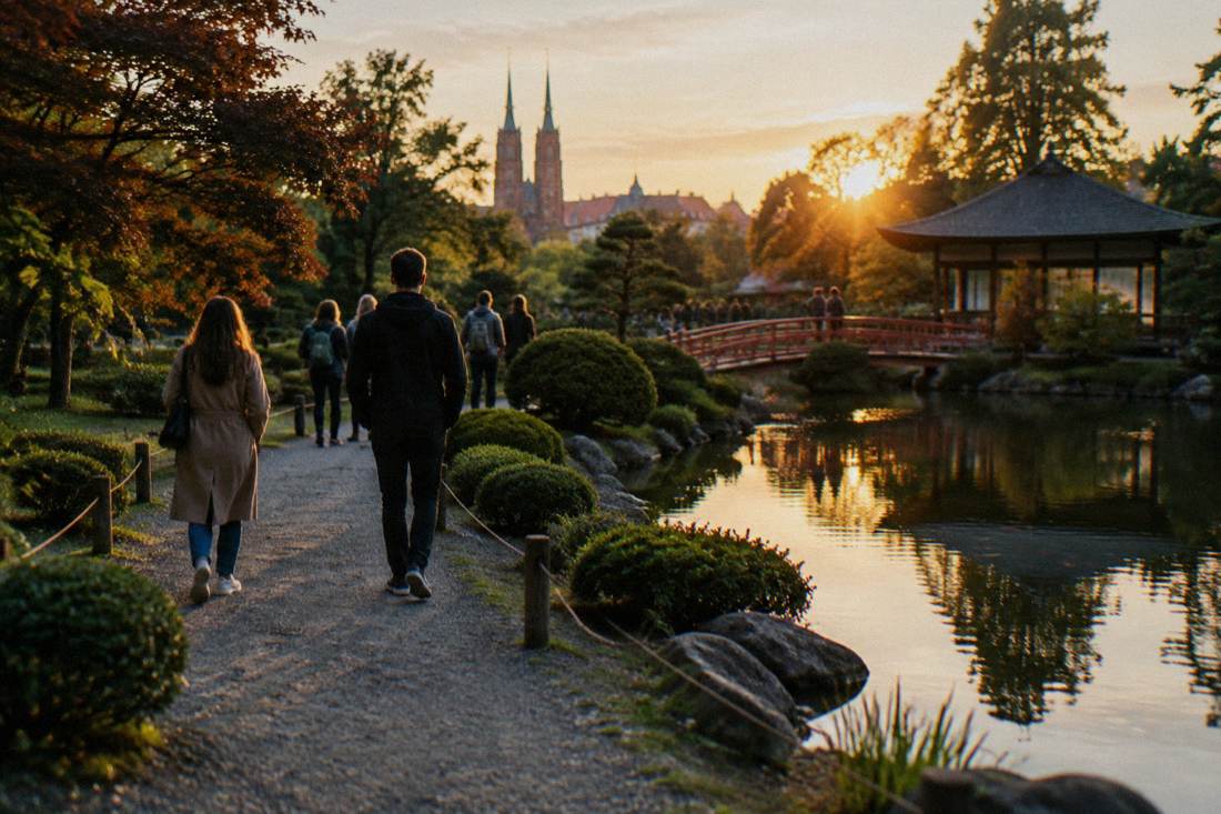 Visitors walking a gravel path between clipped shrubs and pond edges in a Wroclaw park garden