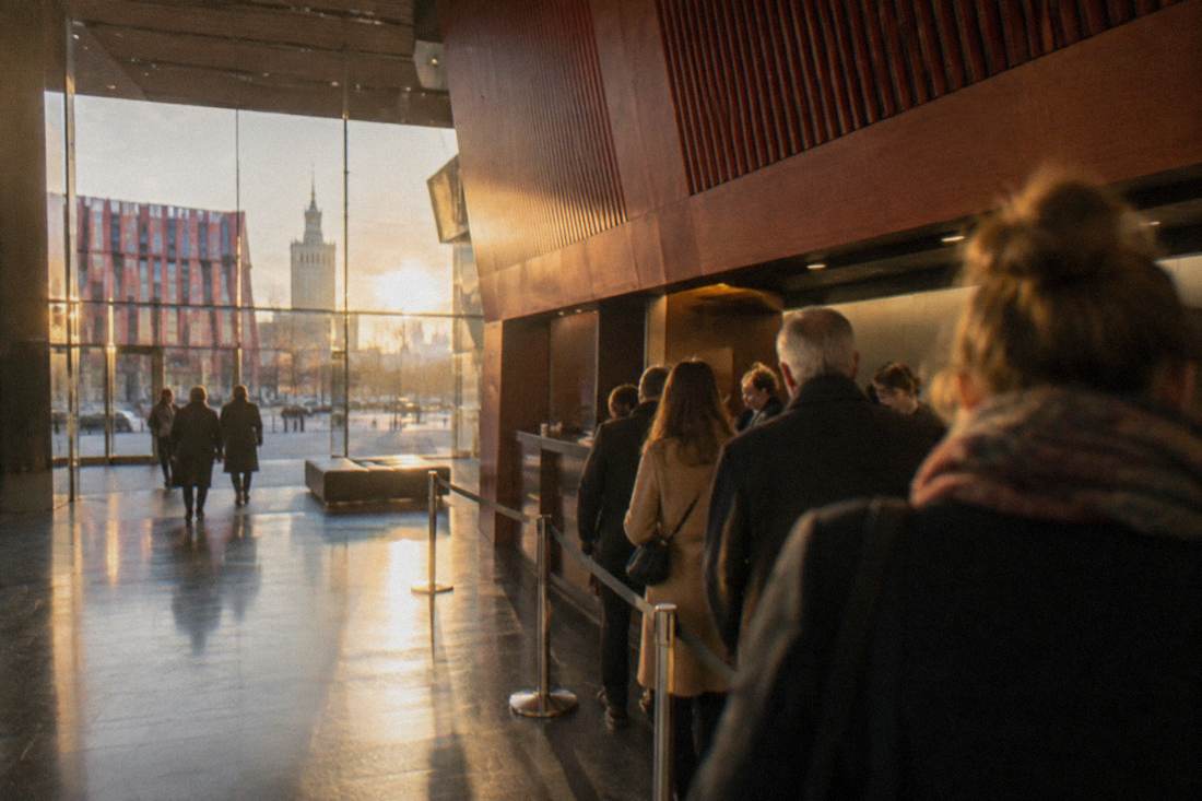 Ticket desk in a concert hall lobby with a small queue of people