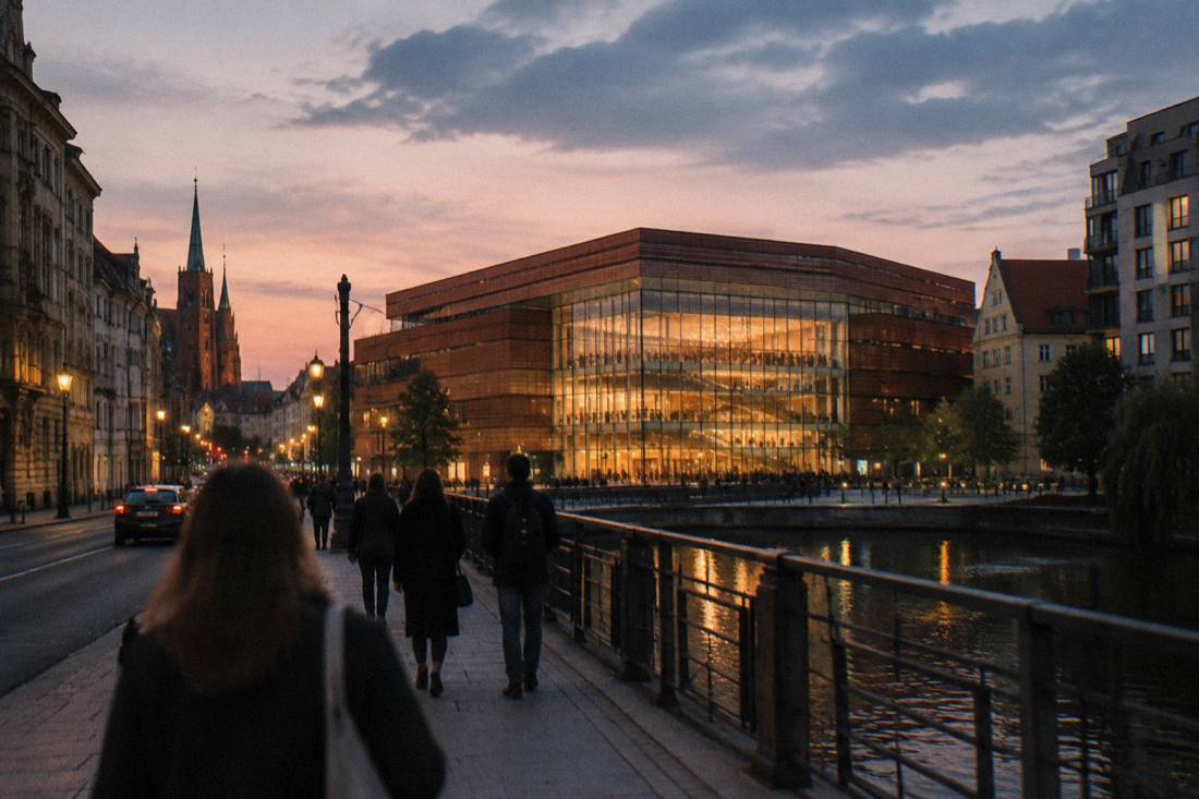 Wroclaw illuminated at dusk with a concert hall glowing between city buildings